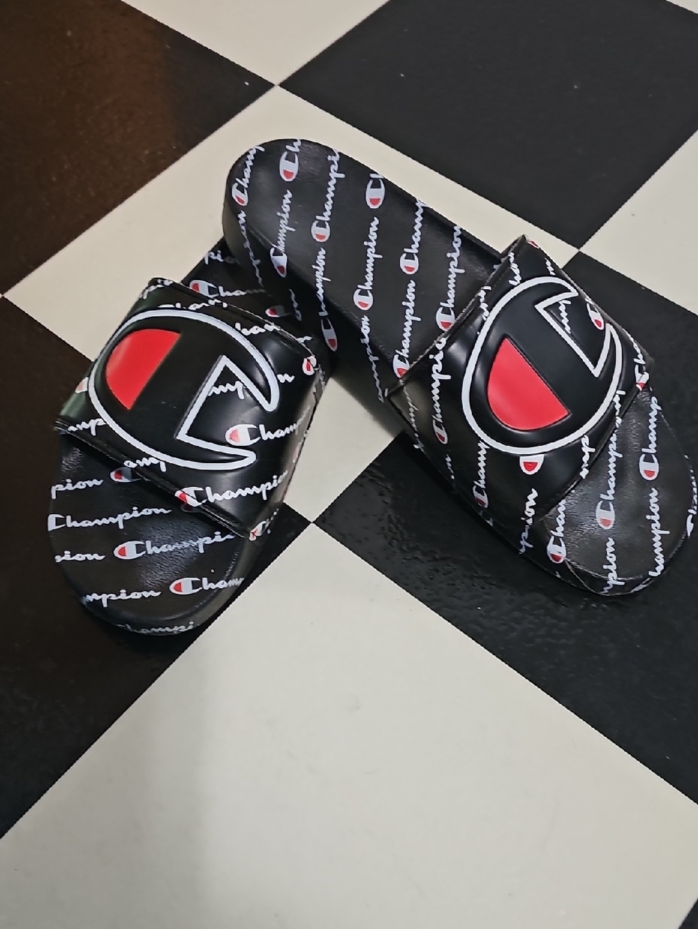 Champion Black Slide Sandals with Red Logo Accents Sz 10 Slides